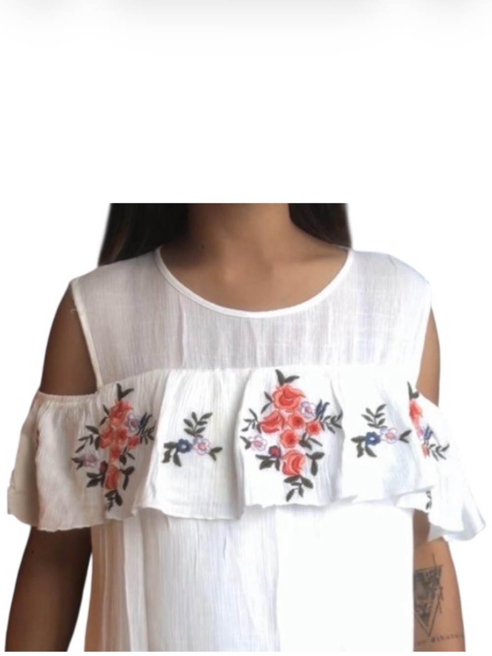 Q&A Embroidered Top Cold Shoulder Lightweight White Coral Floral Women's Size XL